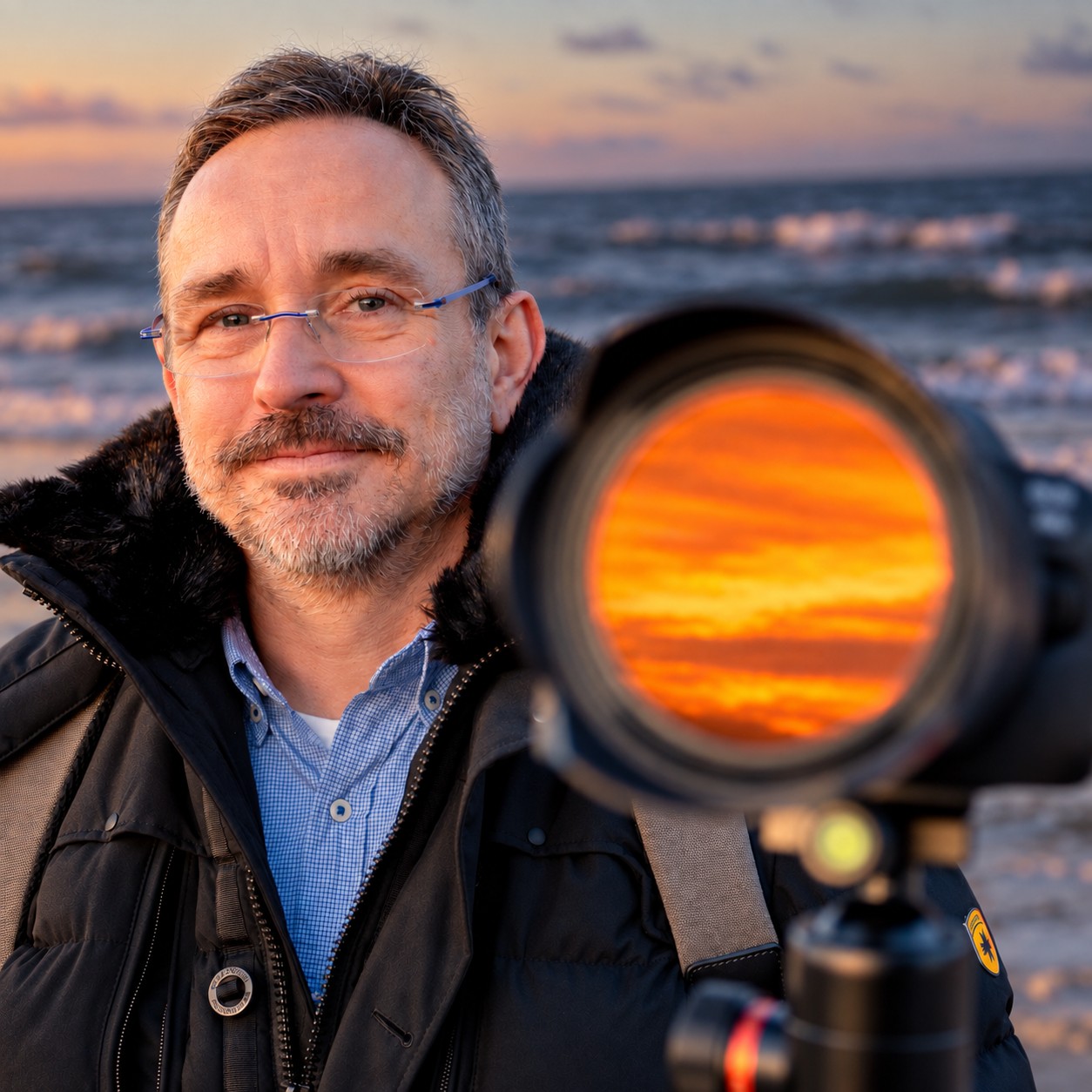 Lars Berwanger mit seiner Kamera am Meer im Abendlicht